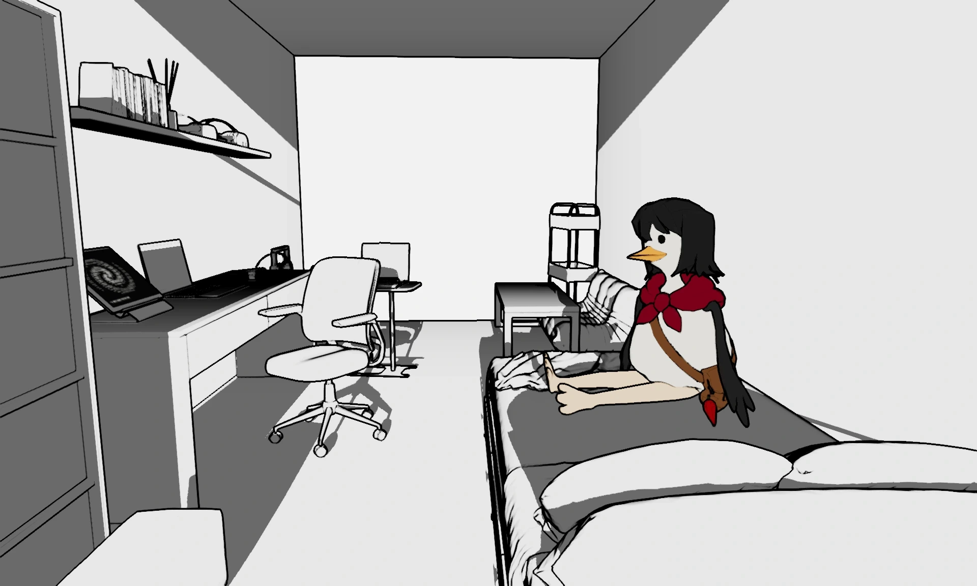 Ducklexander sitting on the bed in a white, ink-drawn room with broad graphic shadows, beside a desk full of books and computers.